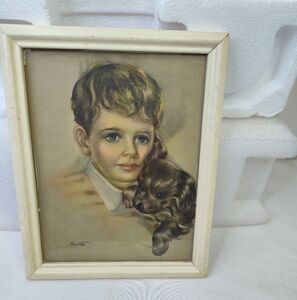 Vintage Slilon Girl with Dog Framed Print Mid Century Child Dog Wall Decor
